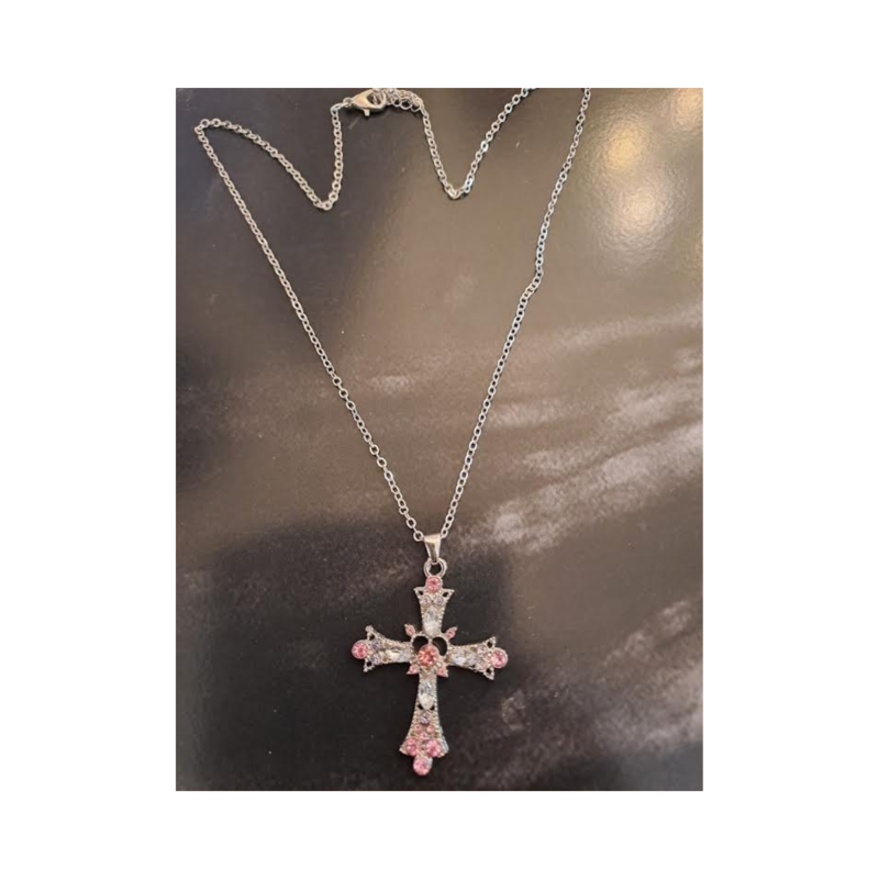 collana croce argento pietre rosa