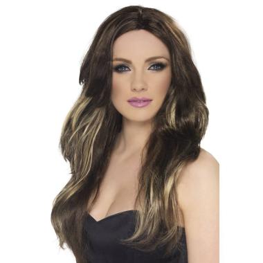 Parrucca castana lunga liscia meches bionde