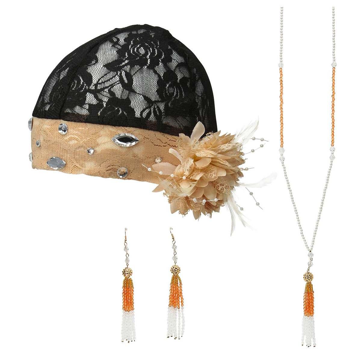 SET KIT CHARLESTON ANNI 20 copricapo, orecchini collana