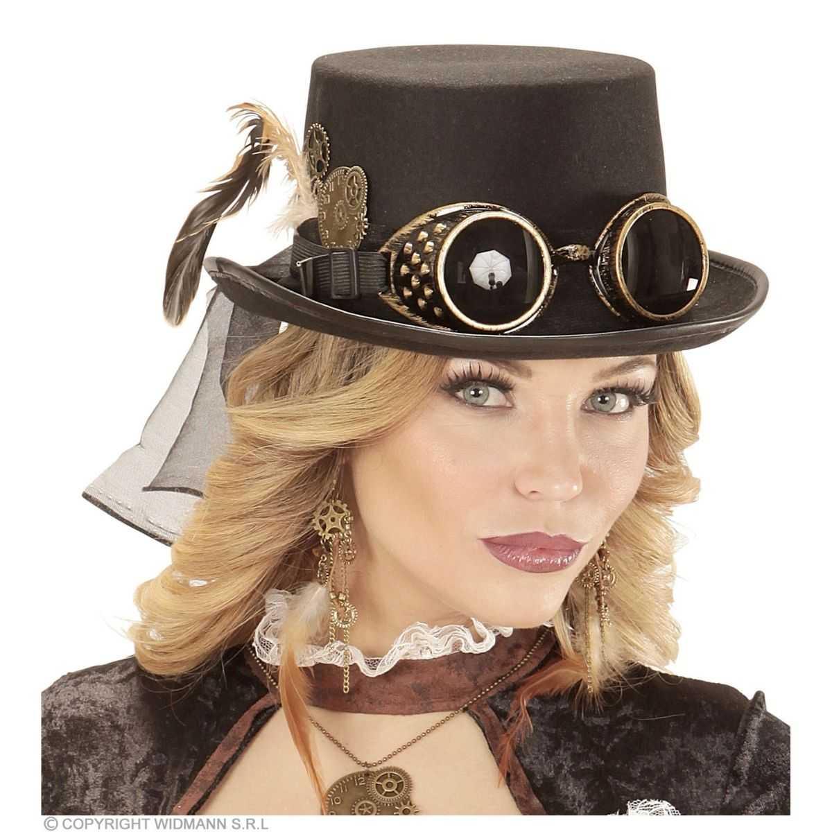 Cappello steampunk nero occhiali piuma