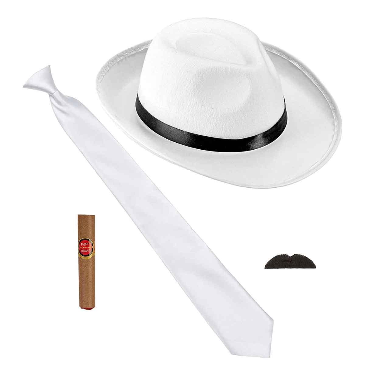 SET KIT ANNI 20 UOMO BIANCO cappello, cravatta, baffi, sigaro