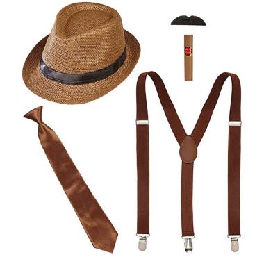SET KIT ANNI 20 UOMO MARRONE cappello, bretelle, cravatta, baffi, sigaro